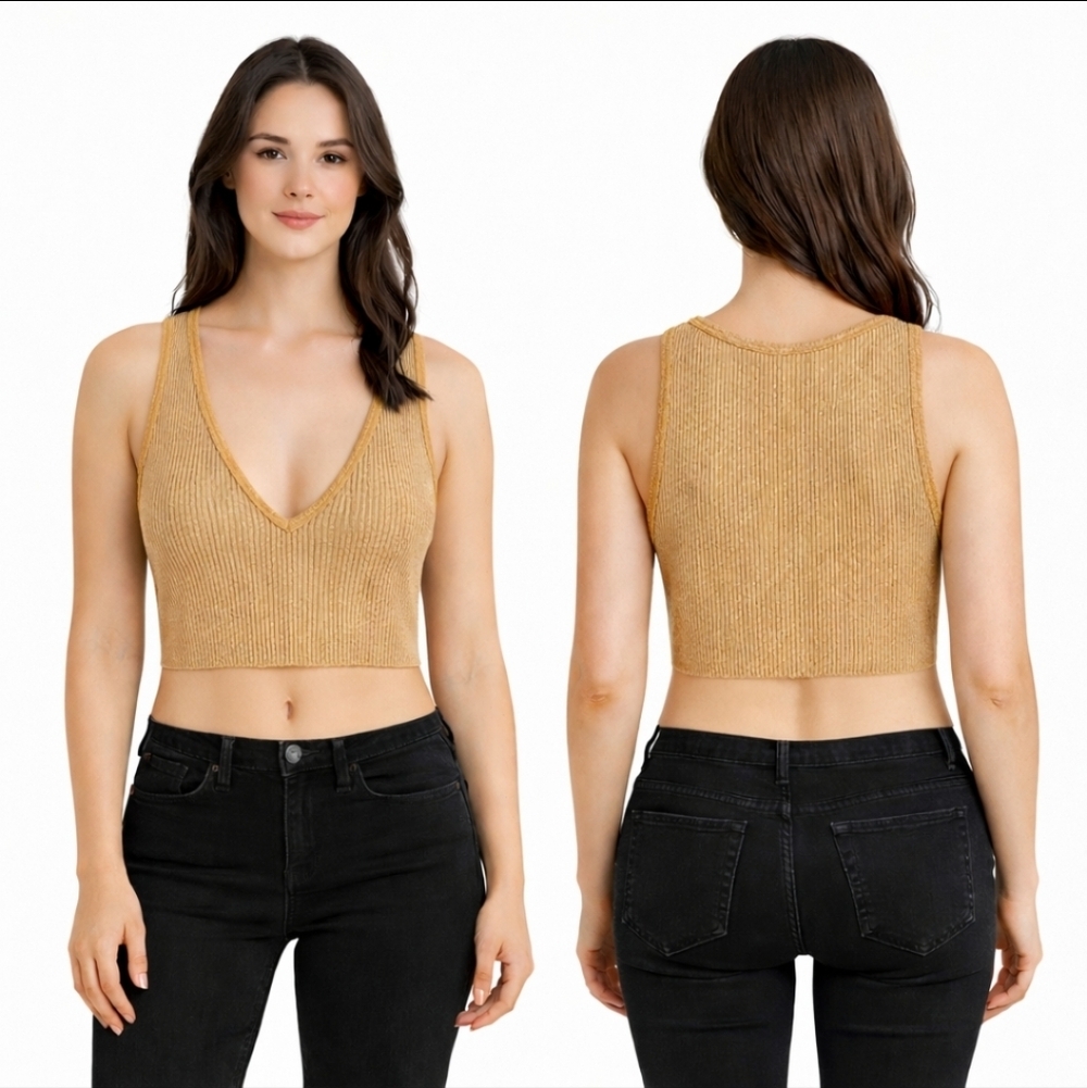 BDG Urban Outfitters Josie Crop Ribbed Deep V Tank Camel Mustard Size S NWT